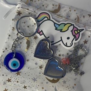 “i did it for love” Rose quartz heart locket necklace and evil eye keychain set